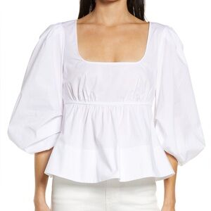 Staud Sophie Blouse Top - White Peplum Babydoll Square Neck Puffy Quarter Sleeve